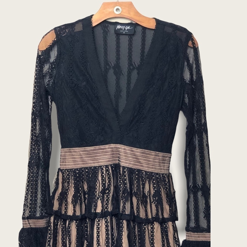 NASTY Gal Women’s Black Lace Ruffled Belted Boho Long Sleeve Dress Size S